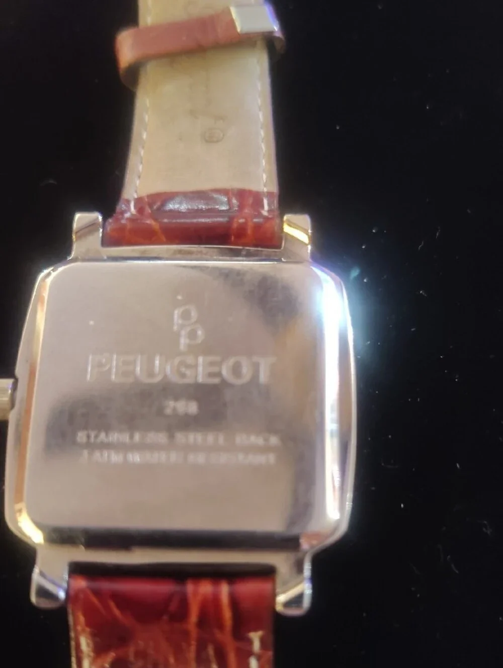 Peugeot Silver Square Dial Watch with Brown Leather. Needs Battery
